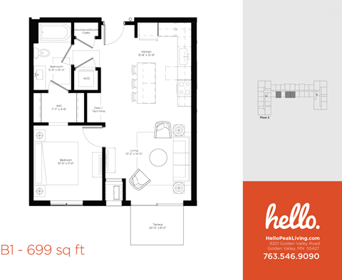 B1 Floor Plan at Hello Apartments, Minneapolis, MN, 55427